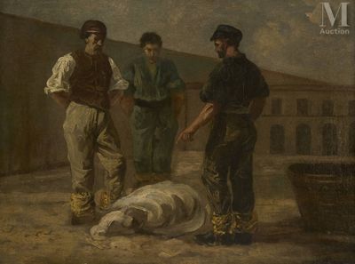un tableau représentant un groupe d'hommes rassemblés autour d'un mouton mort