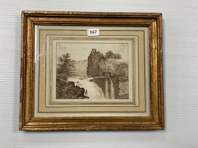 une vieille photo représentant un tableau d'une cascade, dans un cadre doré