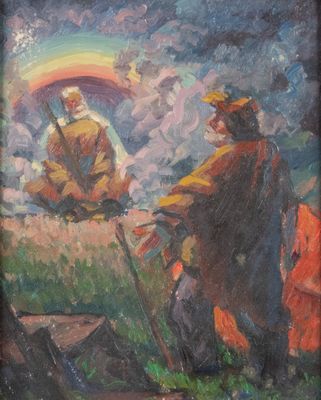 une peinture à l'huile représentant deux hommes avec des parapluies dans un champ