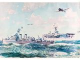une peinture représentant un bateau sur l'eau, au-dessus duquel vole un avion