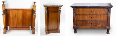 deux photos d'une armoire en bois avec un plateau en marbre et d'un plateau en marbre