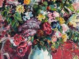 a painting of a vase of flowers on a table