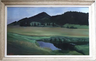 un tableau représentant un paysage avec une montagne en arrière-plan
