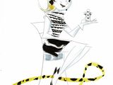 drawing of a woman in a black and white striped dress holding a bird