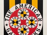 l'image d'un tableau représentant une horloge accrochée à un mur rayé de jaune et de noir