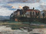 une peinture à l'huile représentant un grand bâtiment près d'un plan d'eau