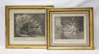 two framed prints of a man and a woman sitting on a bench