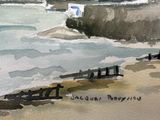 a watercolor painting of a beach scene with a boat in the water