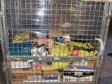 a metal cart with a bunch of food inside of it