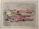 a picture of a painting of a group of pink horses
