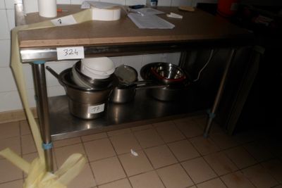a picture of a kitchen with a table and pots and pans on it