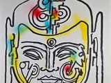 peinture représentant un dessin du visage d'un homme sur lequel figure une croix