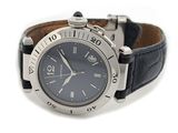 a watch that is sitting on a black leather strap