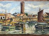 a painting of boats in a harbor with a lighthouse in the background