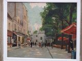 an oil painting of a street scene with people walking down the street