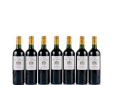 six bottles of red wine lined up in a row