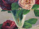 a painting of roses in a vase on a table