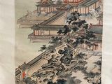 an oriental painting of a building on a hill near a body of water
