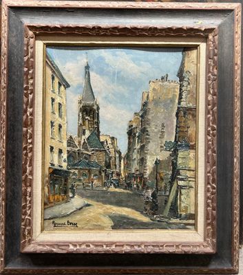 une peinture à l'huile représentant une scène de rue avec un clocher d'église en arrière-plan