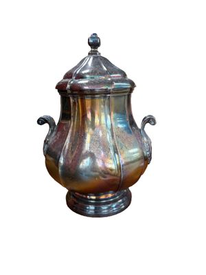 a silver vase with a lid on a white background