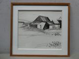 dessin représentant une grange dans un champ, avec un moulin à vent en arrière-plan