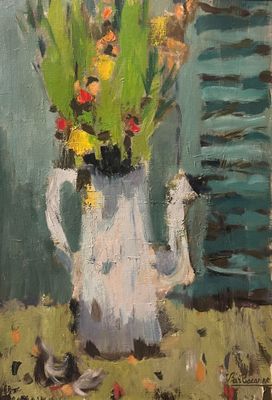 a painting of a vase with flowers in it on a table