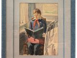 painting of a young girl reading a book on a bench