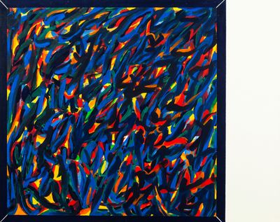 abstract painting of multicolored lines in a black frame on a white wall