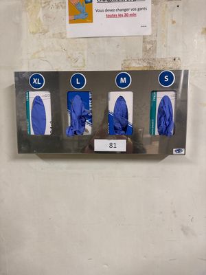 cinq gants bleus accrochés au mur de toilettes publiques