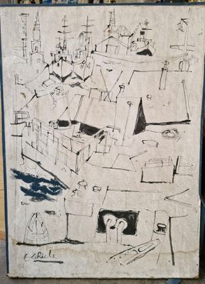 dessin représentant une ville, réalisé sur une feuille de papier