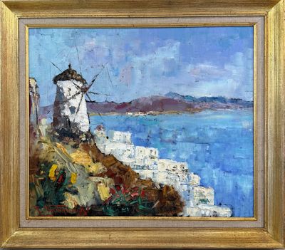 une peinture à l'huile représentant un moulin à vent situé sur une falaise surplombant l'océan