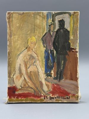 une image représentant un tableau où l'on voit une femme assise sur un tapis rouge