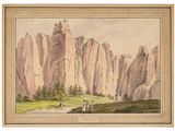 un tableau représentant un paysage de montagne avec des personnages debout au premier plan