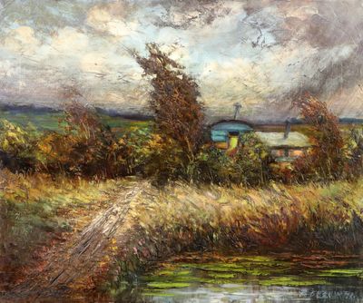 une peinture à l'huile d'un champ avec une maison au loin