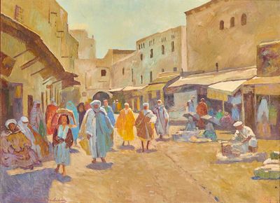 tableau représentant une scène de rue avec des passants qui marchent et d'autres assis sur le trottoir
