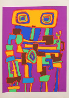 an abstract painting of a robot on a purple background