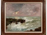 a painting of waves crashing on a rocky shore with a full moon in the sky