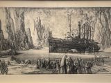 drawing of a ship in a body of water with people standing around it