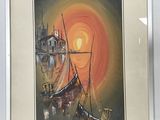 tableau représentant un bateau dans un port, avec un soleil couchant en arrière-plan