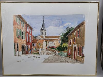 peinture d'une scène de rue avec un clocher d'église en arrière-plan