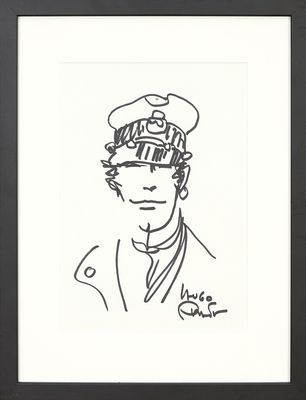 drawing of a man with a hat and tie in a black frame