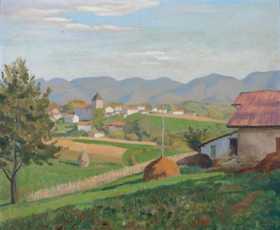 an image of a painting of a farm scene with a windmill in the distance