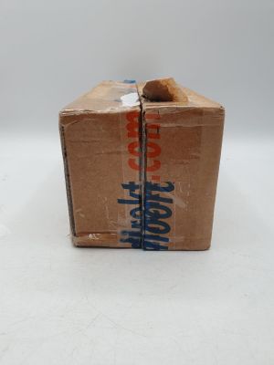 a brown box with a blue and red label on it