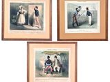 trois reproductions encadrées représentant des hommes et des femmes assis sur un banc devant un mur
