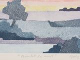 an image of a watercolor painting of a lone tree on a rocky beach