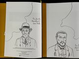 three pages of a book with drawings of a man and a woman