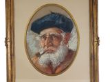 painting of an old man with a blue beret and a pipe in a gold frame