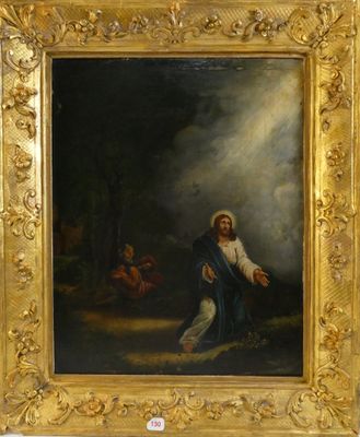 une peinture à l'huile représentant un homme à genoux dans un bosquet