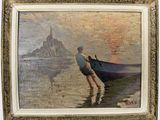un tableau représentant un homme debout dans un bateau sur la plage