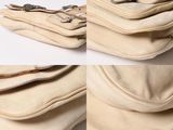 several different pictures of a purse and a hat on a white surface
